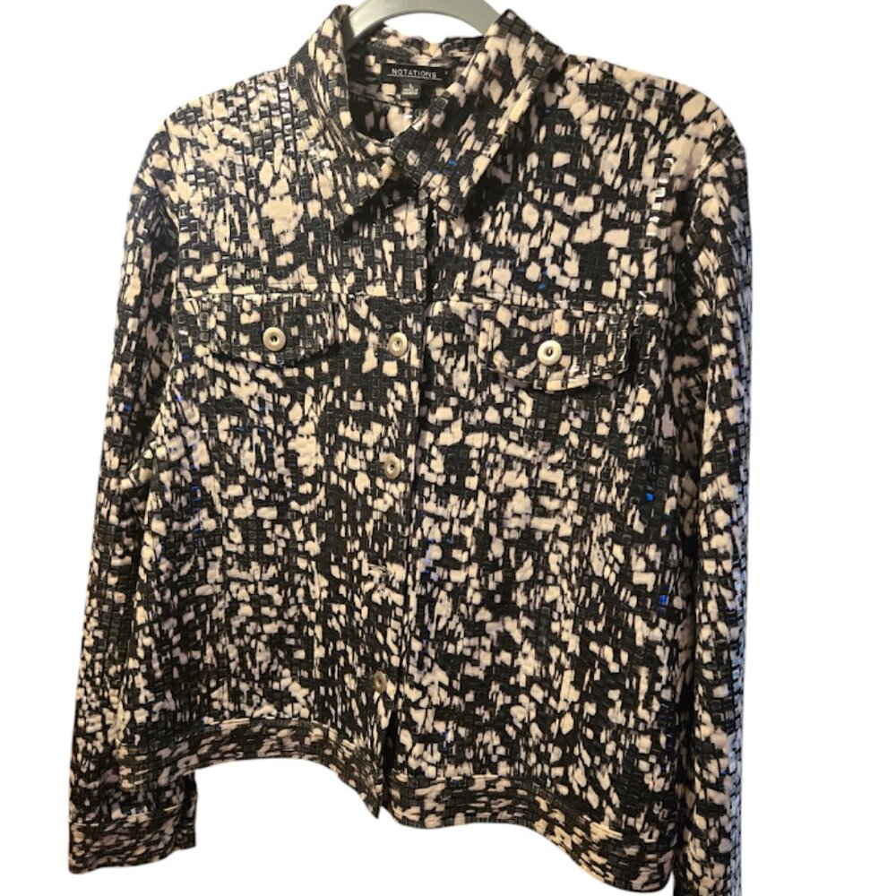 EUC Notations Black & White Collared Scaled Button Up Long Sleeve Jacket Size L